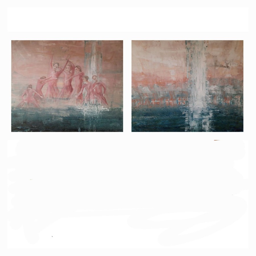 Diptych painting of dancing female figures rising from dark water beside an abstract burning cityscape by Pavla Parik, pavla-parik.com