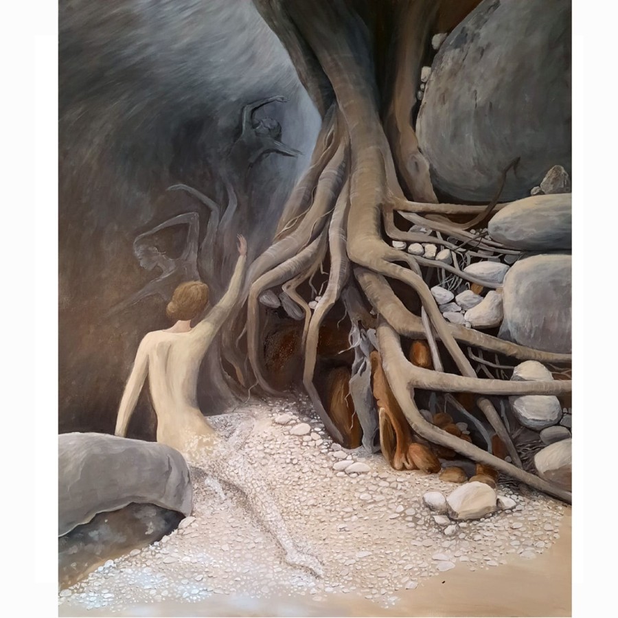 Acrylic painting of a woman reaching toward ancient tree roots in a rocky riverbed with ghostly dancers by Pavla Parik, pavla-parik.com
