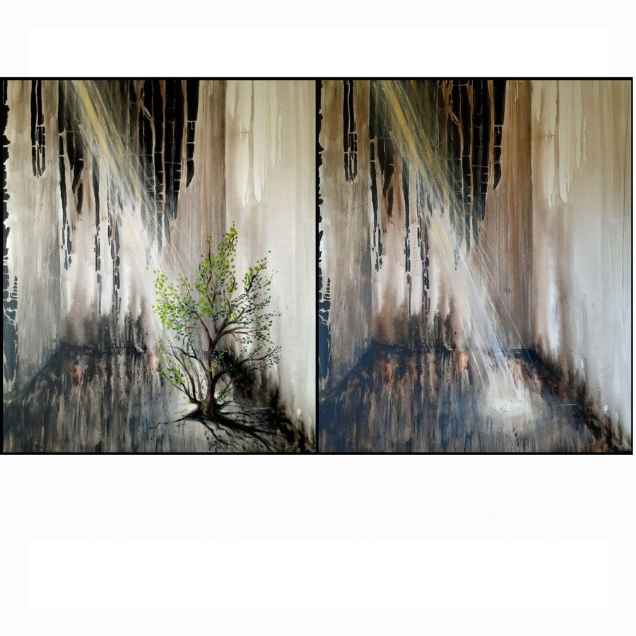 Diptych acrylic painting of a lone green sapling growing from scorched earth beneath dramatic light rays by Pavla Parik, pavla-parik.com
