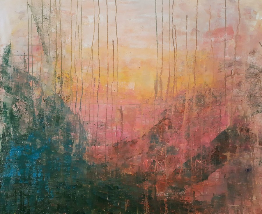 Abstract yellow gold teal blue brushstrokes black calligraphic marks acrylic painting Pavla Parik