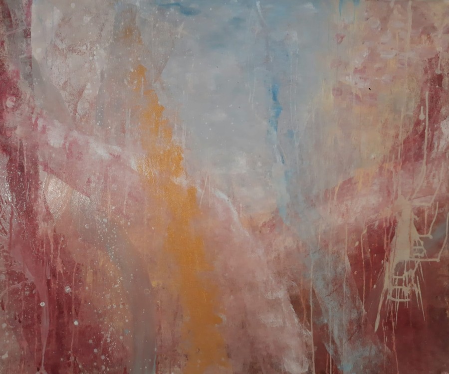 Abstract acrylic painting of warm sunset tones in pink and orange with vertical dripping lines by Israeli artist Pavla Parik, pavla-parik.com