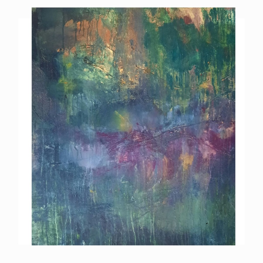 Abstract acrylic painting in rose pink and ochre with white scratched textures and hidden figure by Israeli artist Pavla Parik, pavla-parik.com