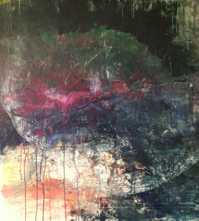 Abstract acrylic painting in deep teal green and purple with layered dripping textures by Israeli artist Pavla Parik, pavla-parik.com